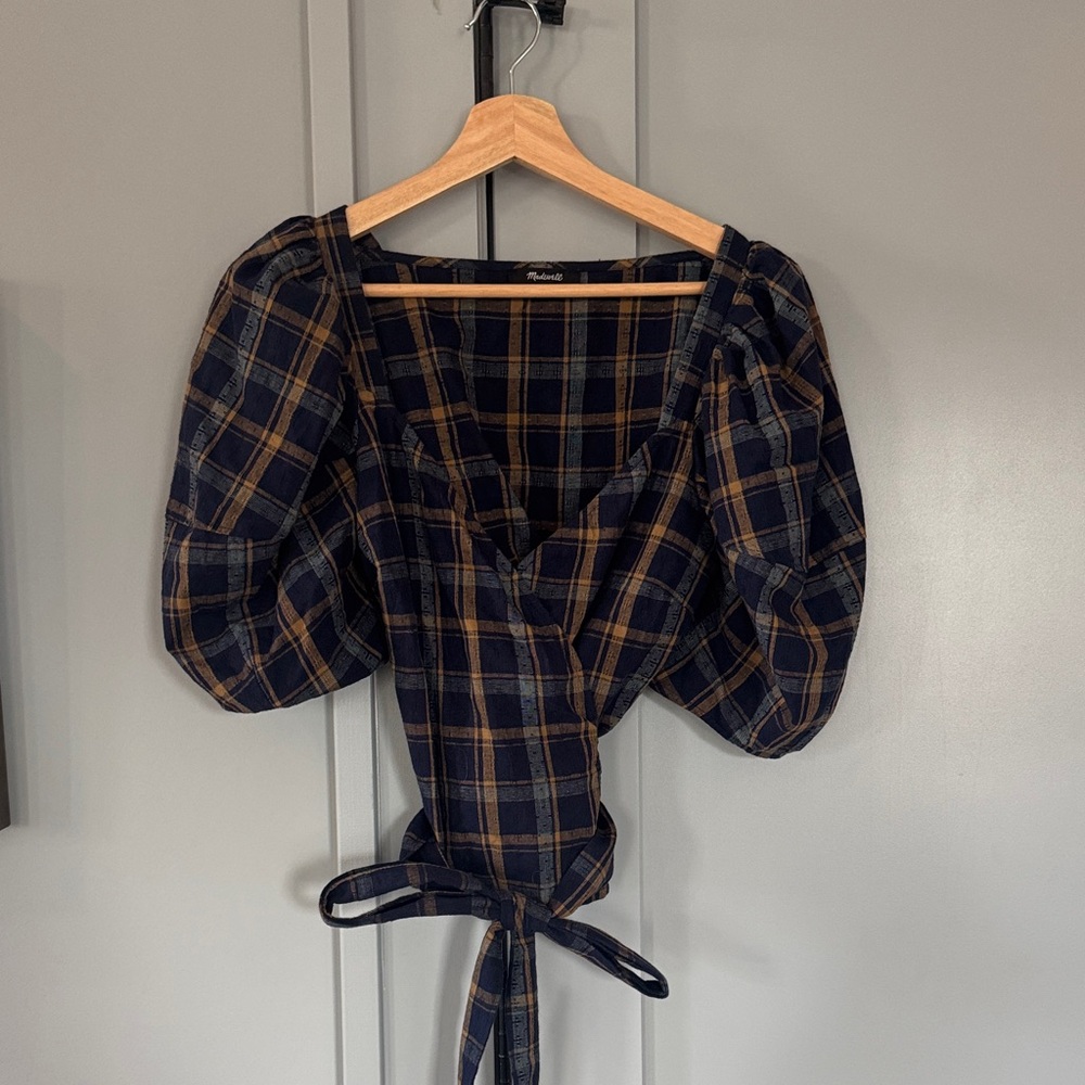 Madewell Checkered Puff Sleeve Wrap Blouse